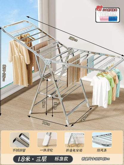 Stainless Steel Folding Drying Rack Balcony Floor Multi-functional Drying Rack Outdoor Wing Folding Clothesline