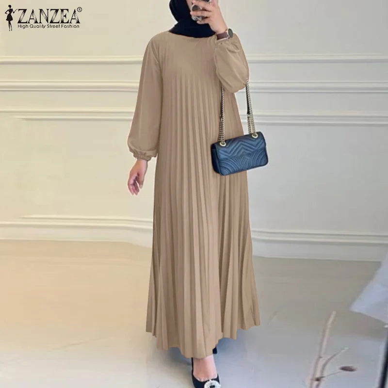 Ramadan Muslim Dress Abaya ZANZEA Casual Kaftan Women Long Sleeve Pleated Sundress Hijab Robe Femme IsIamic Clothing Eid Mubarek