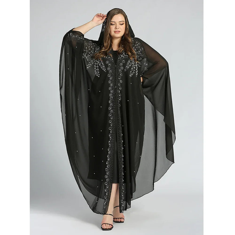 Abaya Morocco Kaftan Dubai Hooded Maxi Dress Bat Sleeve Farasha Kaftan Muslim Women African Open Kimono Boubou Evening Long Gown
