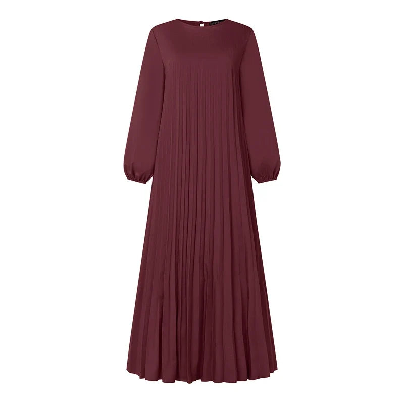 ZANZEA Modest Fashion Abaya Robes Woman Muslim Hijabis O-Neck Solid Pleated Eid Long Dresses Loose A-line Vestidos Fall 2025