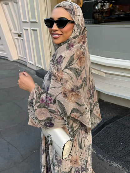 Women's Pleated Floral Print Abaya with Matching Hijab - Open Front Modest Dress for Daily & Religious Occasions
