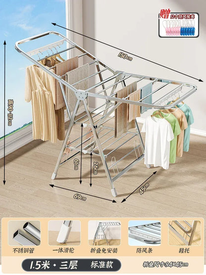 Stainless Steel Folding Drying Rack Balcony Floor Multi-functional Drying Rack Outdoor Wing Folding Clothesline