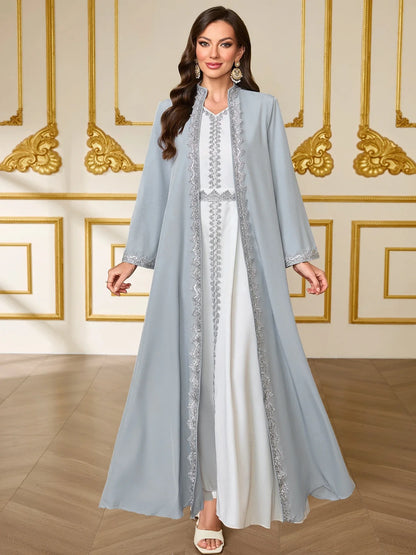French-Style Luxury Grey-Blue Lace Embroidered Dress Set Middle Eastern Open-Front Abaya Dress for Wedding / Party / Daily Wear