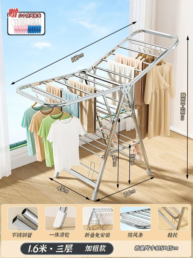 Stainless Steel Folding Drying Rack Balcony Floor Multi-functional Drying Rack Outdoor Wing Folding Clothesline
