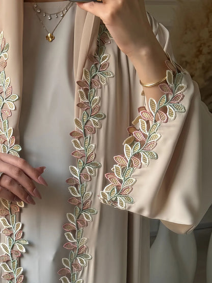 Dubai Elegant Beige Abaya for Muslim Women - Intricately Crafted with Multicolored Embroidery Piece in Islamic Modest Fashion