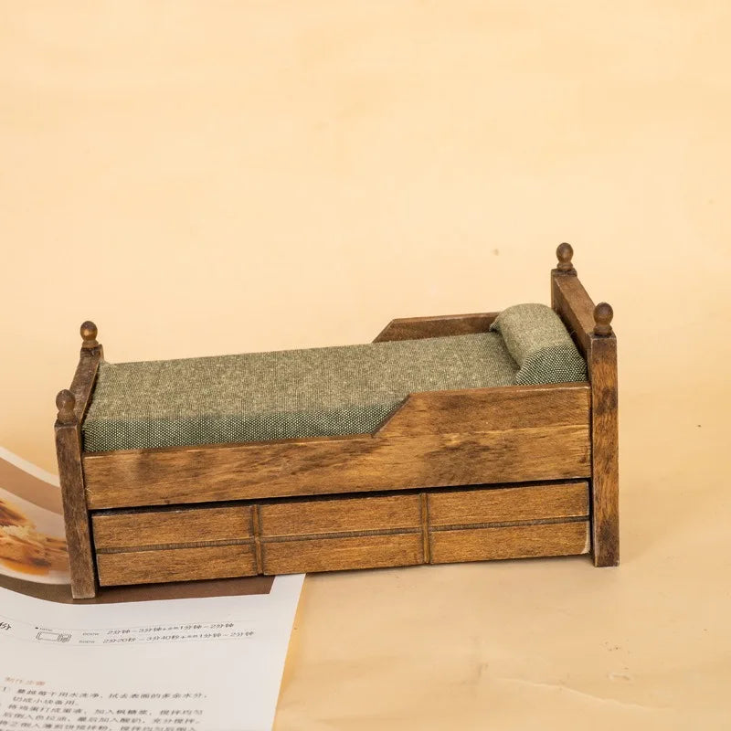 1:12 Dollhouse Wooden Drawer Single Bed Miniature Mini Furniture Modern Log Colour Bedroom Scene Decoration Home Decor Figurines
