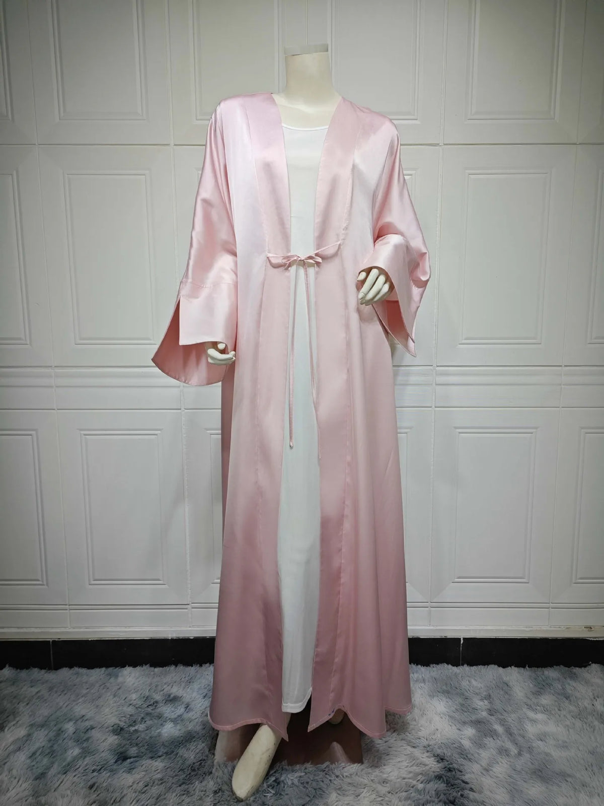 Middle Eastern Muslim Robe Fashion Satin Soft Dress Open Front Outerwear Abaya Solid Color
