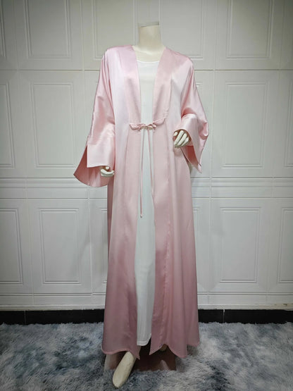Middle Eastern Muslim Robe Fashion Satin Soft Dress Open Front Outerwear Abaya Solid Color