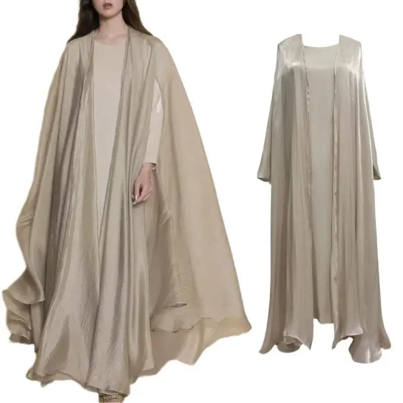 39BB Women's Islamic Devotional Clothing Full Length Dress with Long Sleeve Cardigan Muslims Metallic Dresses Evening Gown