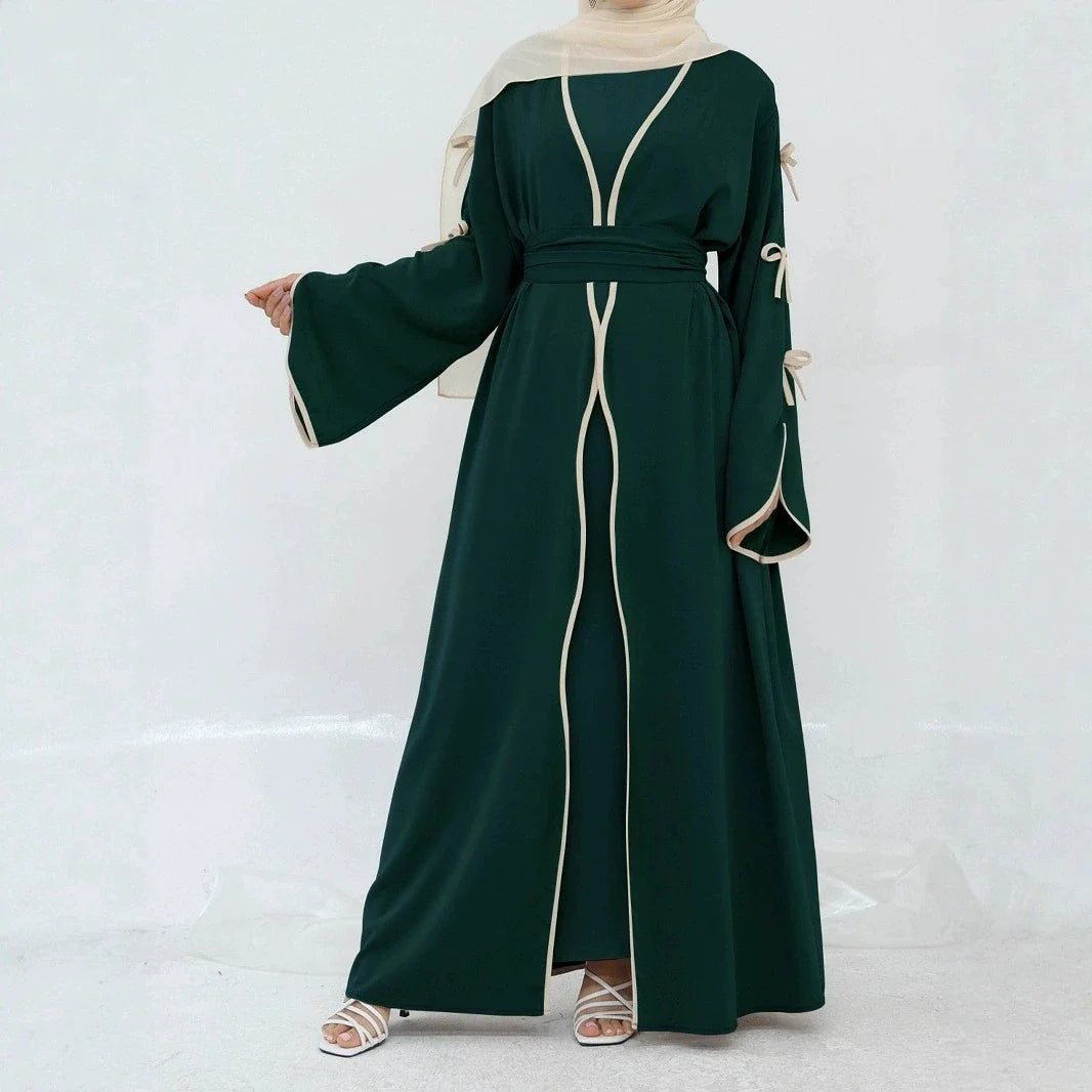 Ladies' Arab Long Gown with Bow Knot Soft Comfortable Casual Solid Color Outer Dress with Belt