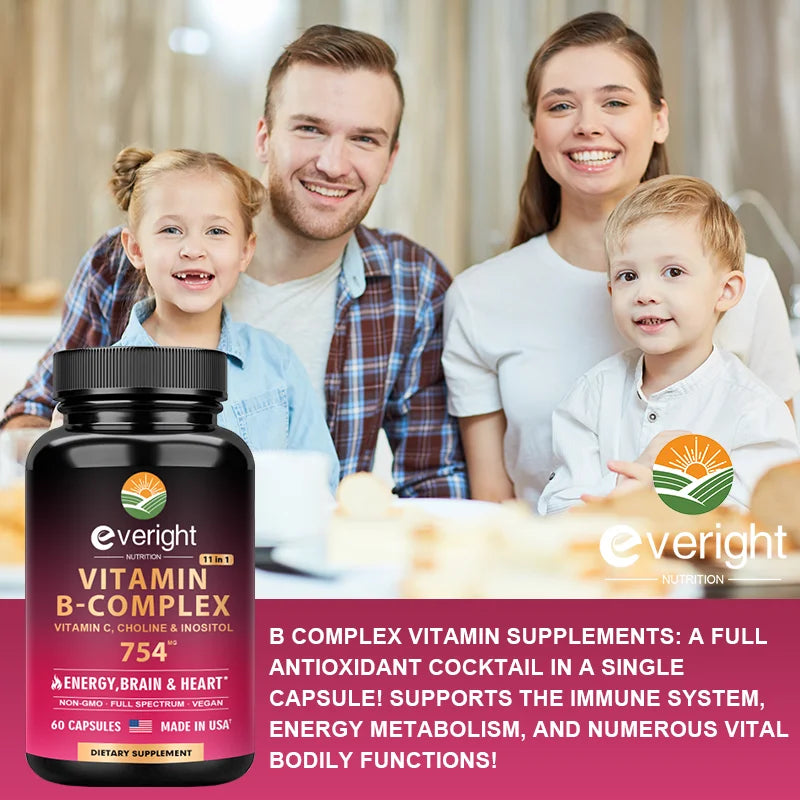 Vitamin B Complex for Energy, Brain & Heart Support - with B1, B2, B3, B5, B6, B7, B8, B9, B12 with Vitamin C, Choline, Inositol
