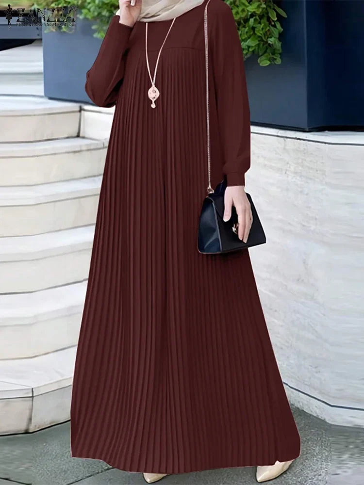 2025 ZANZEA Muslim Abaya Hijab Dress Women Elegant Long Sleeve Pleated Sundress Dubai Maxi Robe Fashion Casual IsIamic Clothing