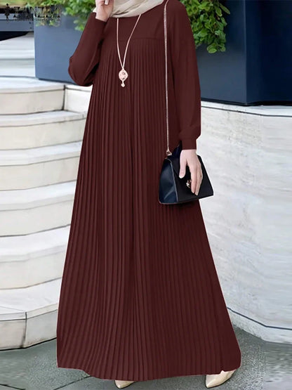2025 ZANZEA Muslim Abaya Hijab Dress Women Elegant Long Sleeve Pleated Sundress Dubai Maxi Robe Fashion Casual IsIamic Clothing