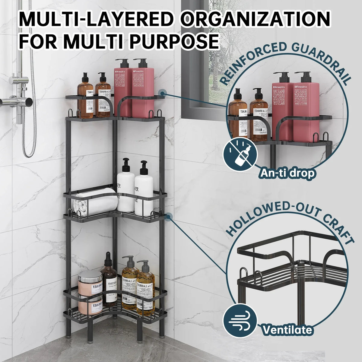 1Pc Bathroom Corner Floor-Standing Storage Rack Multi-Layer Bathroom Toilet Shower Shelf for Shower Gel and Shampoo Triangular Metal Shelf Standing Shower Caddy Corner Stand Shower Rack Corner