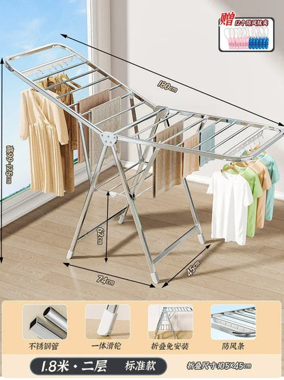 Stainless Steel Folding Drying Rack Balcony Floor Multi-functional Drying Rack Outdoor Wing Folding Clothesline