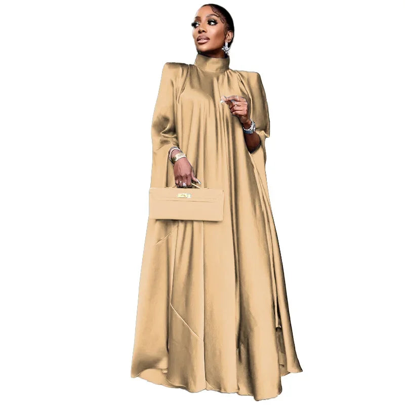 Fashion Luxury Dubai Indian Dress Muslim Abaya for Women Elegant High Neck Loose Pullover Solid Satin Party Evening Dresses Robe