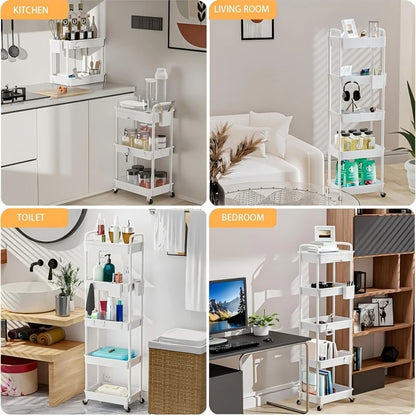 4-Tier Plastic Rolling Storage Cart - Portable Shelf Trolley with Wheels for Home Organization