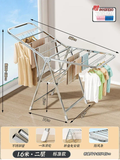 Stainless Steel Folding Drying Rack Balcony Floor Multi-functional Drying Rack Outdoor Wing Folding Clothesline