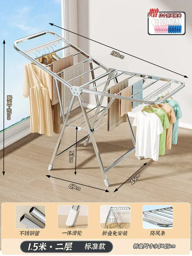 Stainless Steel Folding Drying Rack Balcony Floor Multi-functional Drying Rack Outdoor Wing Folding Clothesline