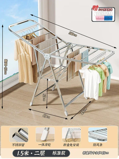 Stainless Steel Folding Drying Rack Balcony Floor Multi-functional Drying Rack Outdoor Wing Folding Clothesline