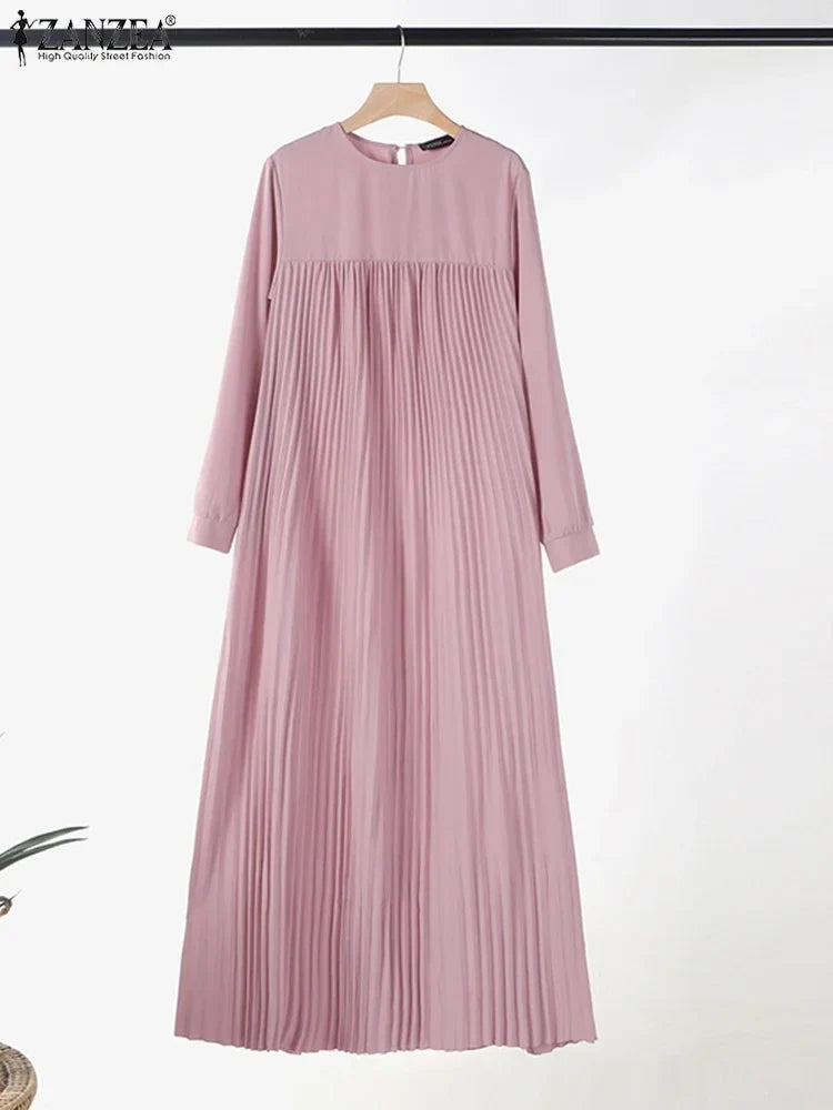 2025 ZANZEA Muslim Abaya Hijab Dress Women Elegant Long Sleeve Pleated Sundress Dubai Maxi Robe Fashion Casual IsIamic Clothing