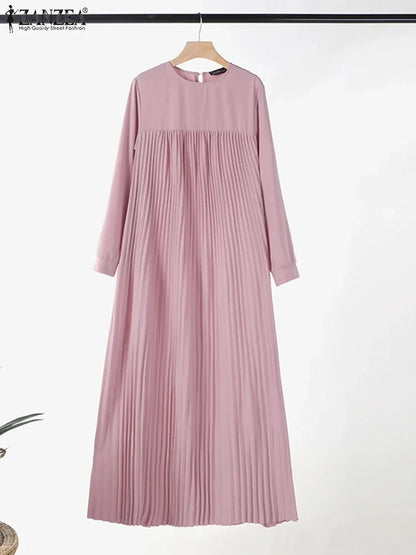2025 ZANZEA Muslim Abaya Hijab Dress Women Elegant Long Sleeve Pleated Sundress Dubai Maxi Robe Fashion Casual IsIamic Clothing