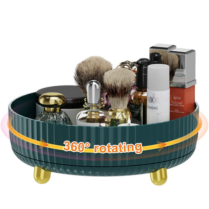 1pc Large Capacity 360-Degree Rotating Makeup & Perfume Organizer - Sleek Black Vanity Storage Tray with Golden Accents