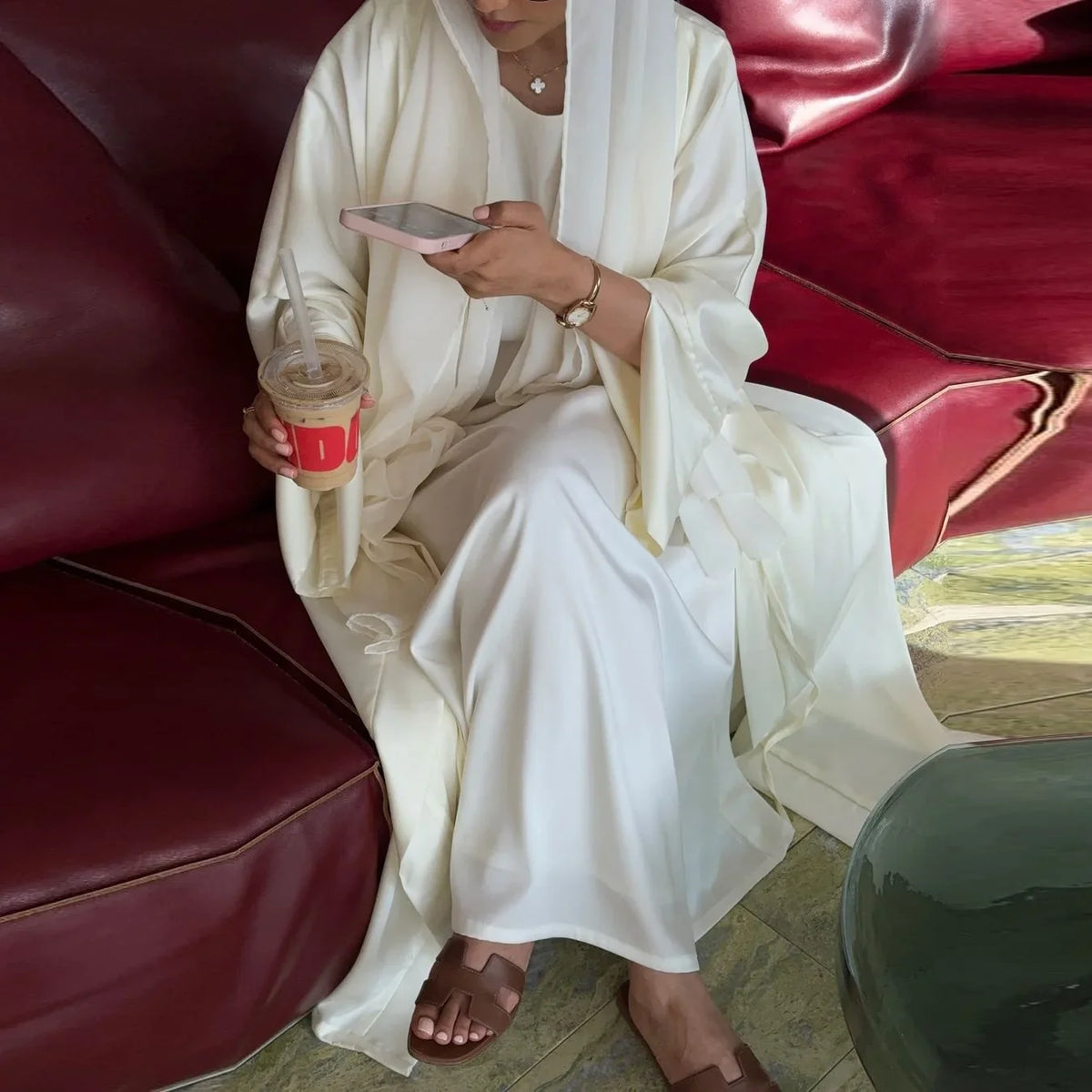 Middle Eastern Muslim Robe Fashion Satin Soft Dress Open Front Outerwear Abaya Solid Color