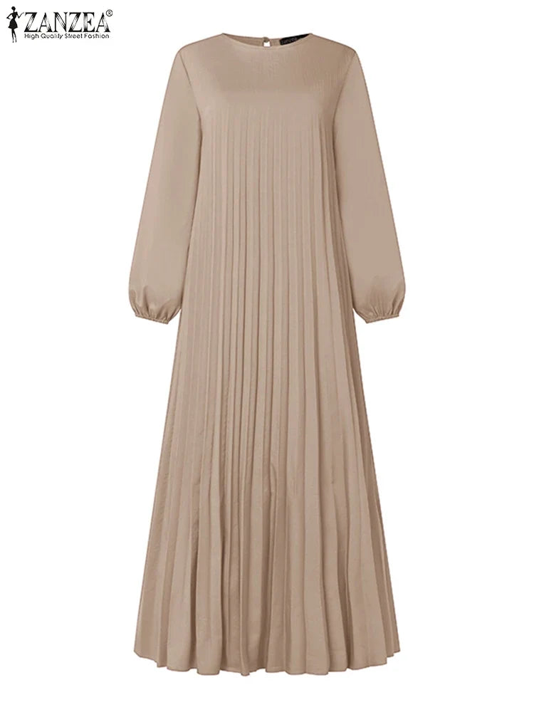 ZANZEA Modest Fashion Abaya Robes Woman Muslim Hijabis O-Neck Solid Pleated Eid Long Dresses Loose A-line Vestidos Fall 2025