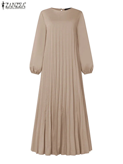 ZANZEA Modest Fashion Abaya Robes Woman Muslim Hijabis O-Neck Solid Pleated Eid Long Dresses Loose A-line Vestidos Fall 2025