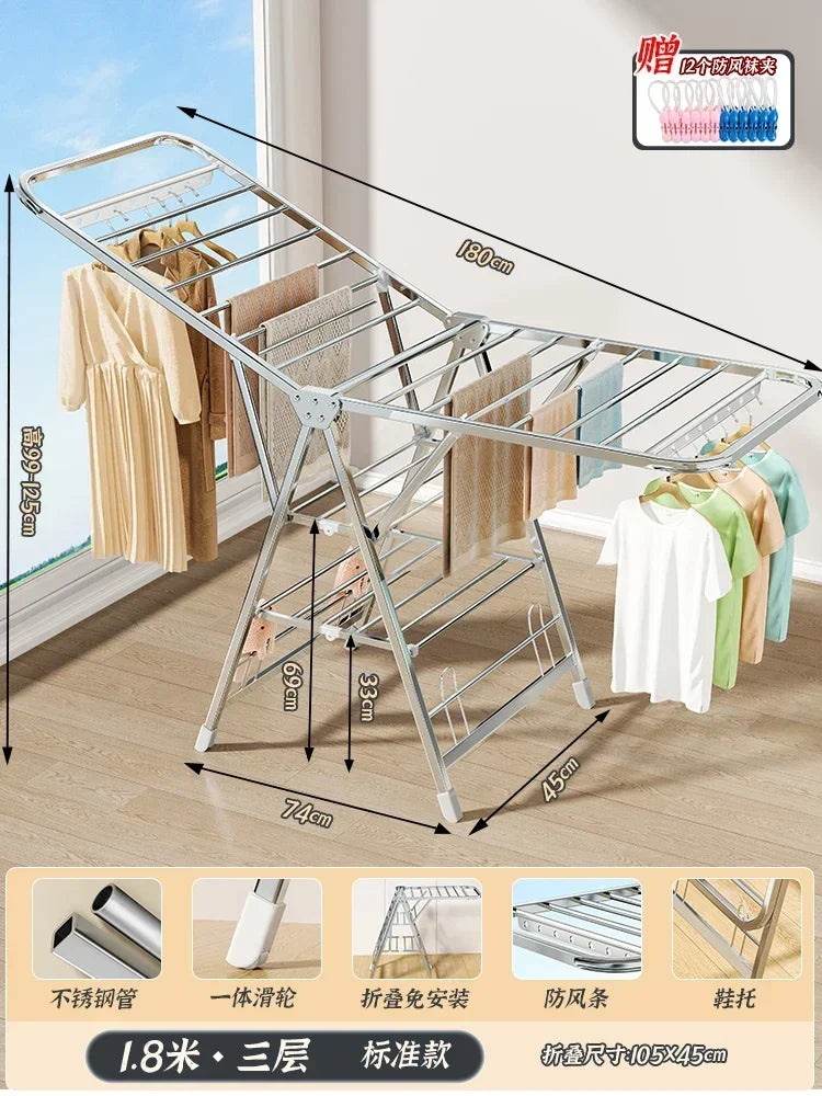 Stainless Steel Folding Drying Rack Balcony Floor Multi-functional Drying Rack Outdoor Wing Folding Clothesline