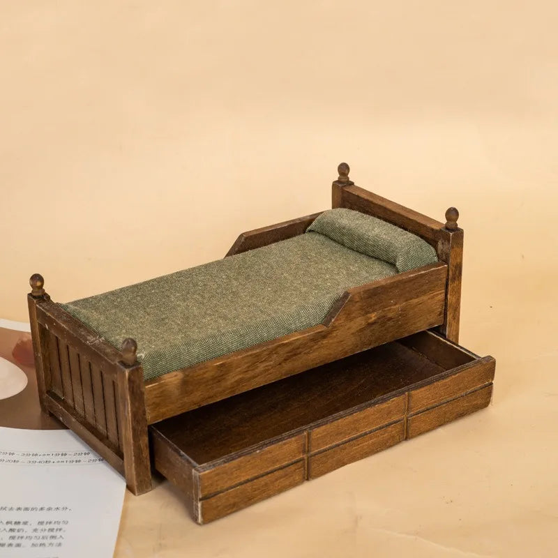 1:12 Dollhouse Wooden Drawer Single Bed Miniature Mini Furniture Modern Log Colour Bedroom Scene Decoration Home Decor Figurines