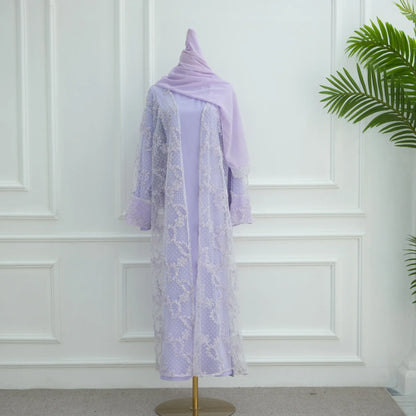2pcs Abaya with Hijab Women Ramadan Muslim Dress Jilbab Kebaya Islam Kaftan Robe 3D Floral Mesh Abayas 2026 Eid Mubarak Dresses