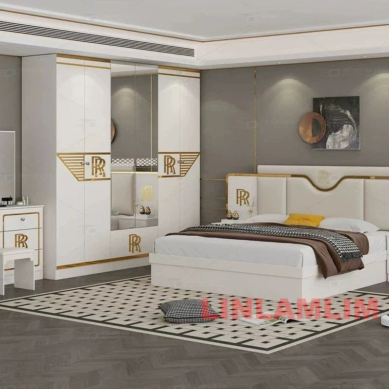 6-Piece Luxury White & Gold Bedroom Set with Latex Mattress, Bed, Wardrobe, Nightstands and Vanity Table, Bedroom Collection