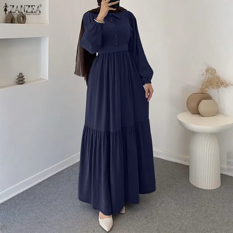 2026 ZANZEA Muslim Hijab Dresses Abaya Women Elegant Long Sleeve Pleated Sundress Solid Belted Party Robe Kaftan Dubai Vestidos