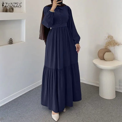 2026 ZANZEA Muslim Hijab Dresses Abaya Women Elegant Long Sleeve Pleated Sundress Solid Belted Party Robe Kaftan Dubai Vestidos