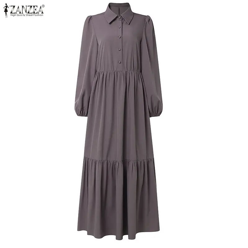 2026 ZANZEA Muslim Hijab Dresses Abaya Women Elegant Long Sleeve Pleated Sundress Solid Belted Party Robe Kaftan Dubai Vestidos
