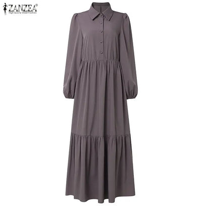 2026 ZANZEA Muslim Hijab Dresses Abaya Women Elegant Long Sleeve Pleated Sundress Solid Belted Party Robe Kaftan Dubai Vestidos