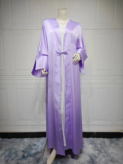 Middle Eastern Muslim Robe Fashion Satin Soft Dress Open Front Outerwear Abaya Solid Color