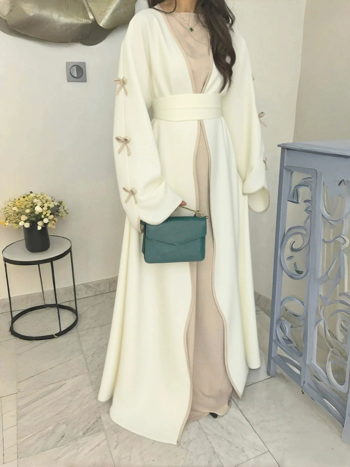 Ladies' Arab Long Gown with Bow Knot Soft Comfortable Casual Solid Color Outer Dress with Belt