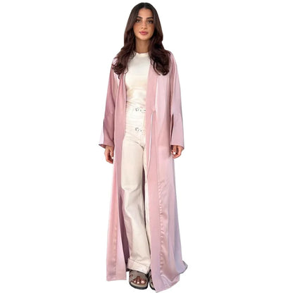 Middle Eastern Muslim Robe Fashion Satin Soft Dress Open Front Outerwear Abaya Solid Color
