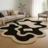 Irregular Hand Tufted Area Rug, Modern Abstract Black Ivory Wool Rug Mid Century Statement Designer Carpet for Livingroom Decor