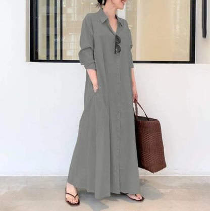 2025 Abayas For Women Cotton Linen Solid Color Lapel Long Sleeve Pocket Robe Femme Musulman Simple Loose Casual Long Shirt Dress