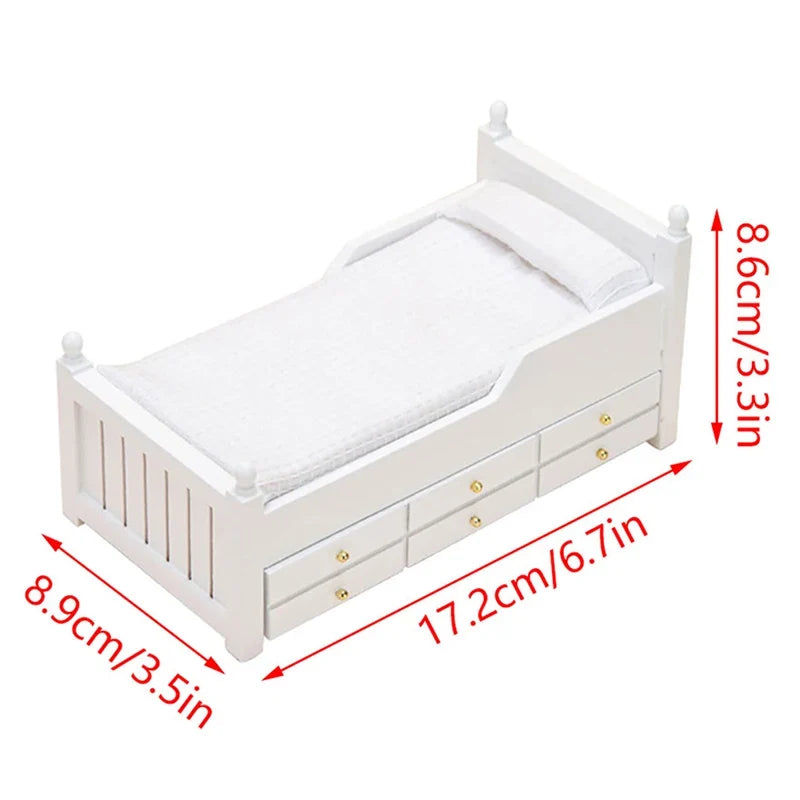 🛒1:12 Dollhouse Miniature Bed White European Single Bed with Drawer Bedroom Furniture Model Decor Toy Doll House Accessories