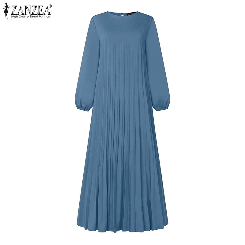 Ramadan Muslim Dress Abaya ZANZEA Casual Kaftan Women Long Sleeve Pleated Sundress Hijab Robe Femme IsIamic Clothing Eid Mubarek