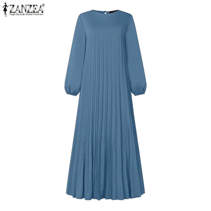 Ramadan Muslim Dress Abaya ZANZEA Casual Kaftan Women Long Sleeve Pleated Sundress Hijab Robe Femme IsIamic Clothing Eid Mubarek