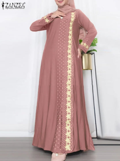 ZANZEA Muslim Fashion Dresses Abaya Women Elegant Long Sleeve Floral Printed Maxi Sundress Vestidos Kaftan IsIamic Robe Ramadan