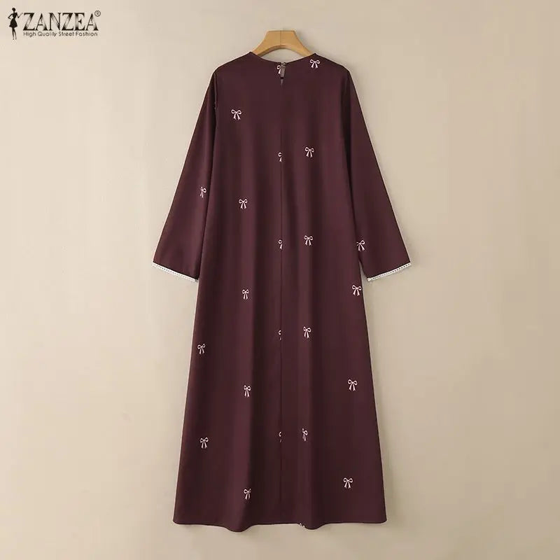 Hijabi Modest Bow Printing Maxi Dress Islamic Women's O-Neck Lace Trim Long Sleeve Loose Abaya ZANZEA Muslim Ramadan Robes Femme