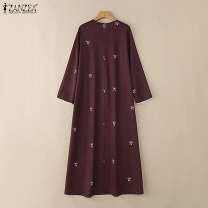 Hijabi Modest Bow Printing Maxi Dress Islamic Women's O-Neck Lace Trim Long Sleeve Loose Abaya ZANZEA Muslim Ramadan Robes Femme