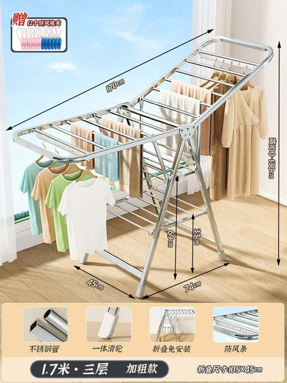 Stainless Steel Folding Drying Rack Balcony Floor Multi-functional Drying Rack Outdoor Wing Folding Clothesline